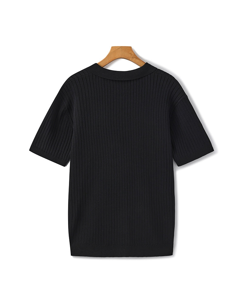 Men's Ribbed Knit Polo Shirt with Open Collar - Short Sleeve Top