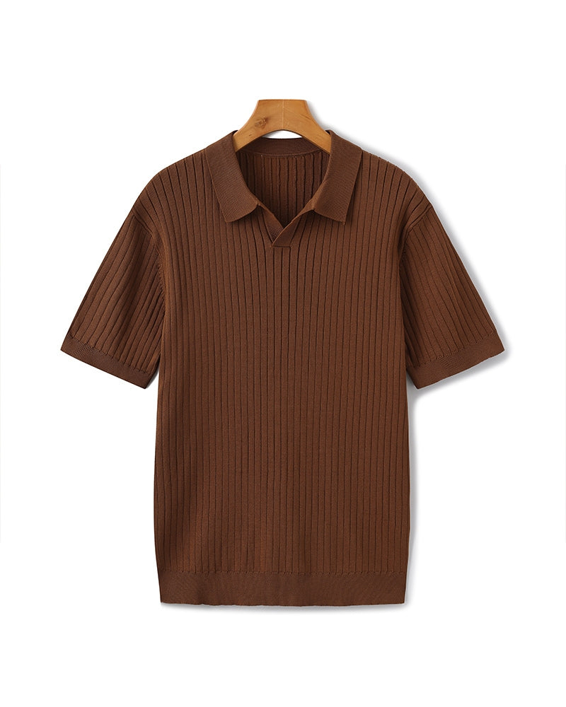 Men's Ribbed Knit Polo Shirt with Open Collar - Short Sleeve Top