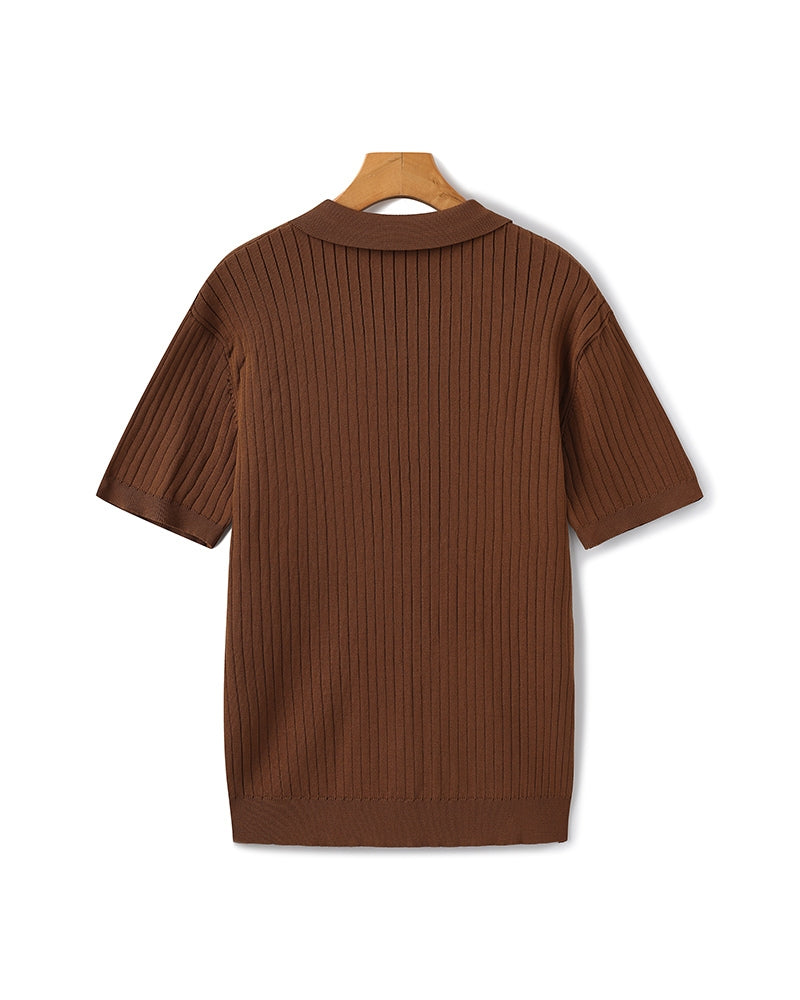 Men's Ribbed Knit Polo Shirt with Open Collar - Short Sleeve Top