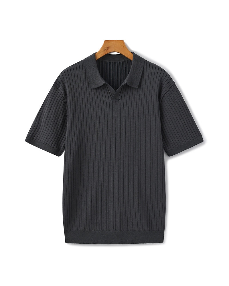 Men's Ribbed Knit Polo Shirt with Open Collar - Short Sleeve Top