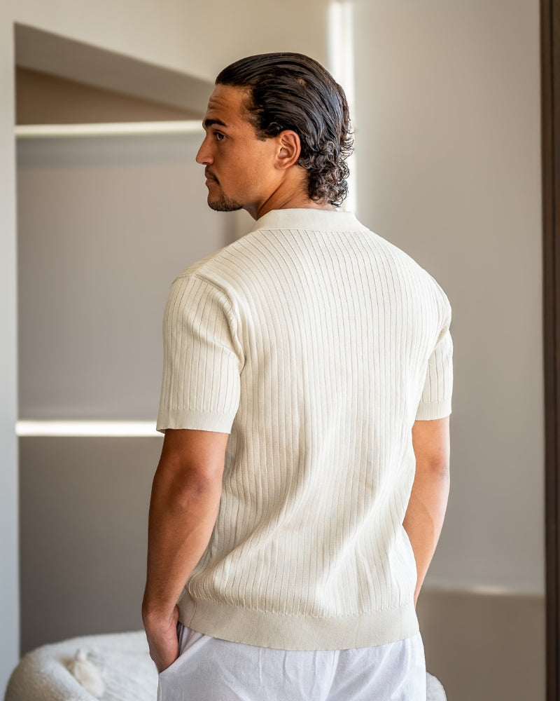 Men's Ribbed Knit Polo Shirt with Open Collar - Short Sleeve Top
