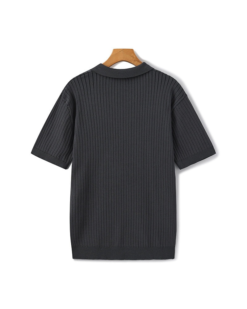 Men's Ribbed Knit Polo Shirt with Open Collar - Short Sleeve Top