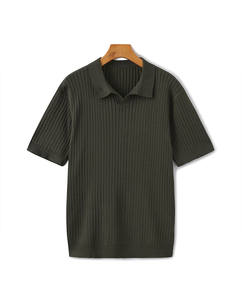 Men's Ribbed Knit Polo Shirt with Open Collar - Short Sleeve Top