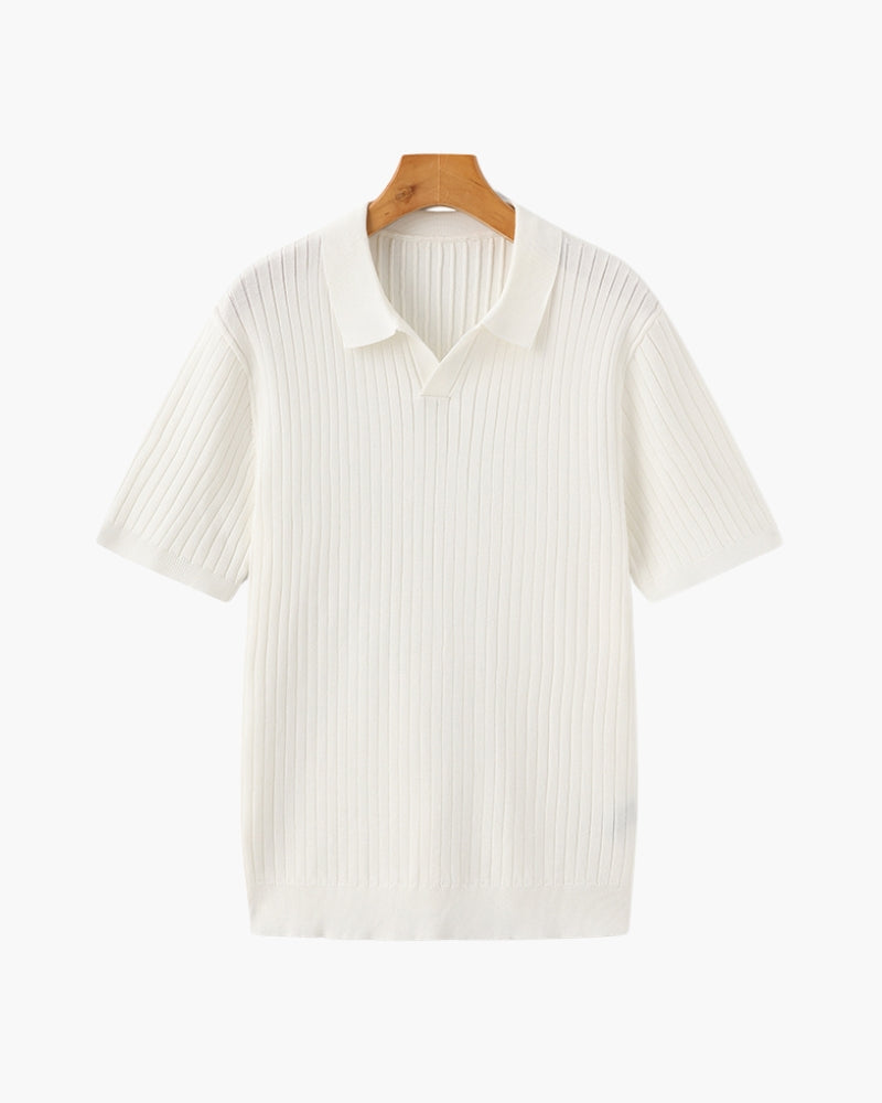 Men's Ribbed Knit Polo Shirt with Open Collar - Short Sleeve Top