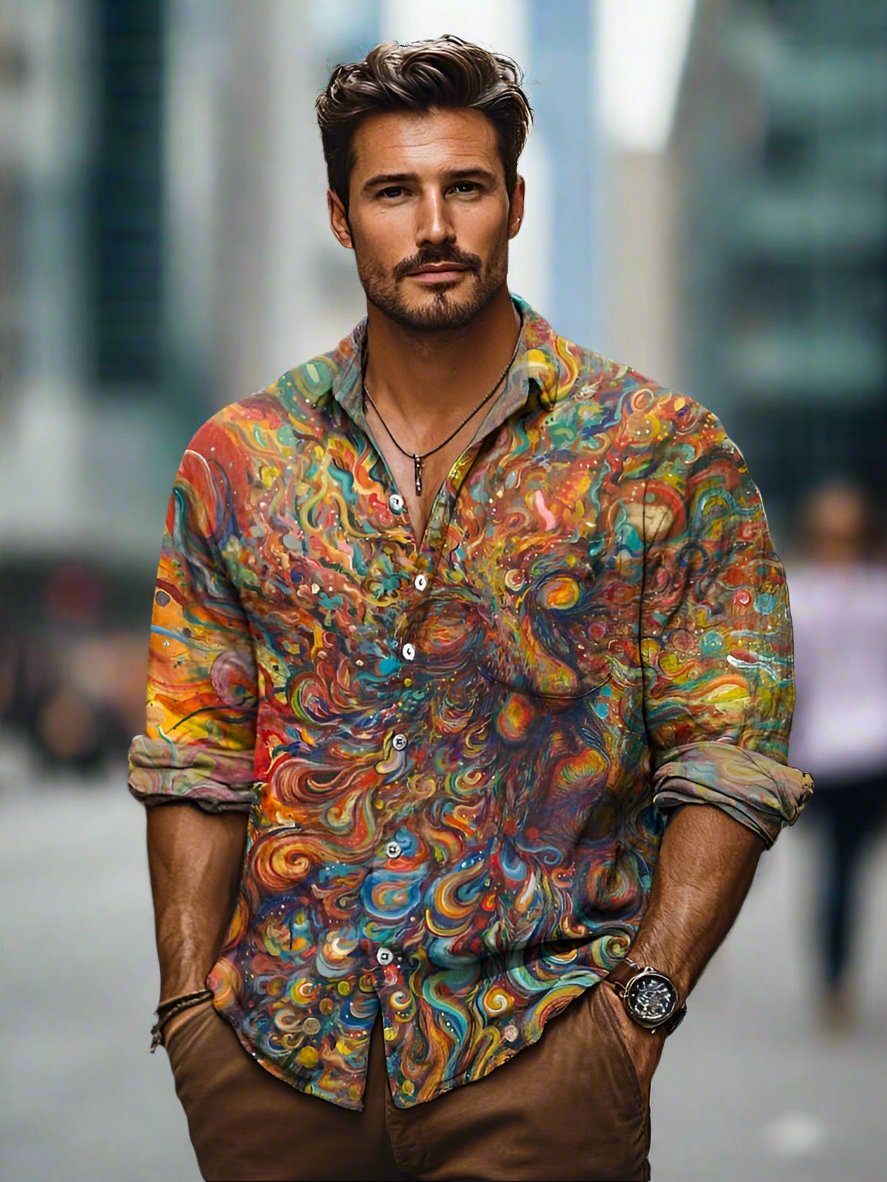 Men's Long Sleeve Printed Summer Shirt with Collar