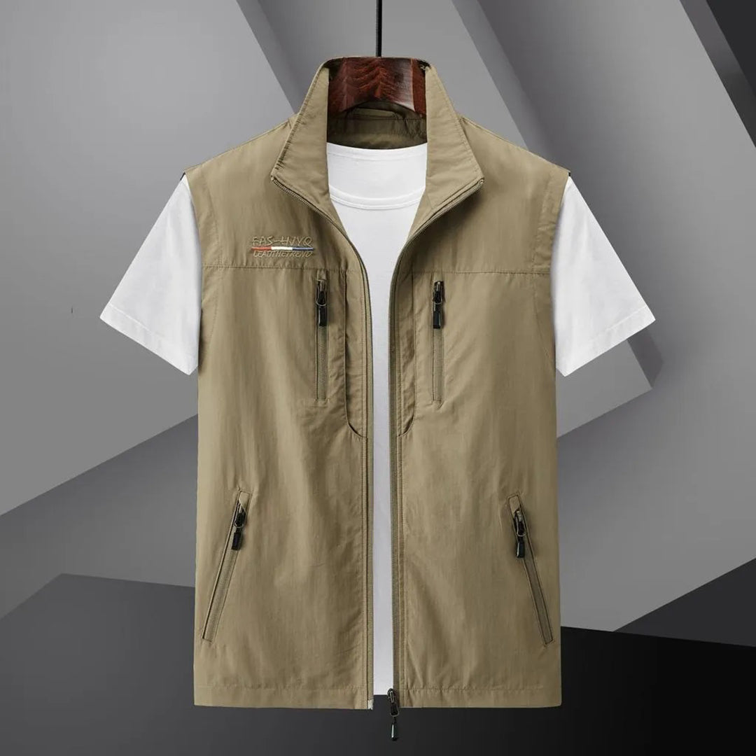 Men's Multi-Pocket Utility Travel Vest - Water-Resistant Polyester Outdoor Vest