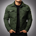 Men's Denim Jacket with Polo Collar and Multiple Pockets