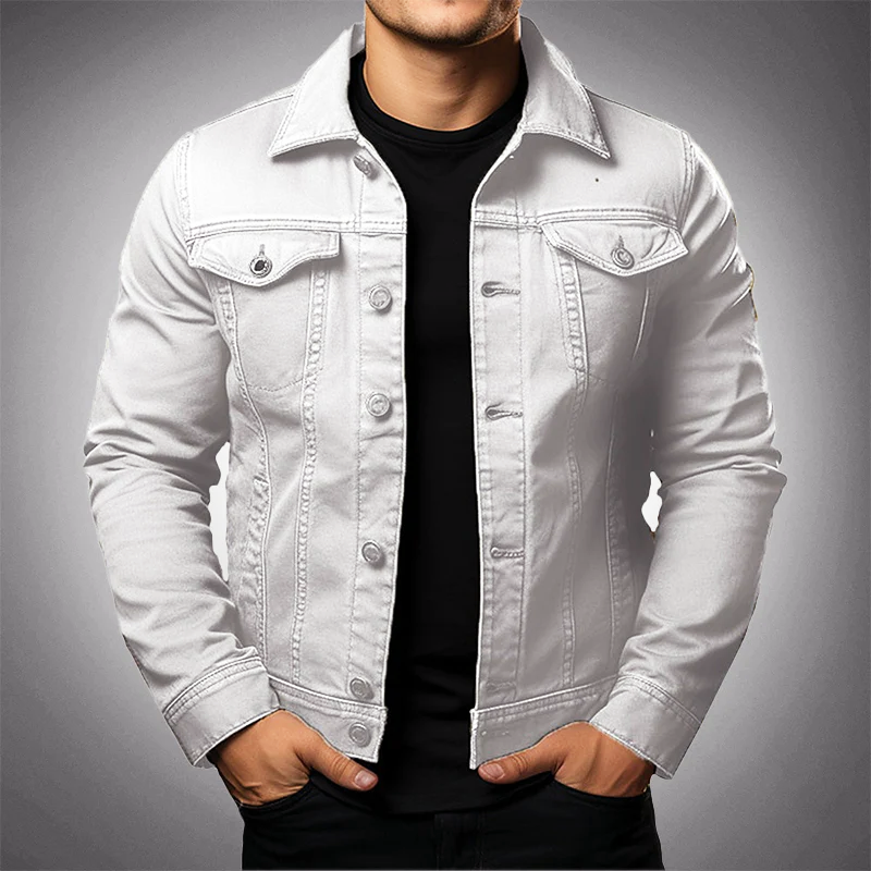 Men's Denim Jacket with Polo Collar and Multiple Pockets