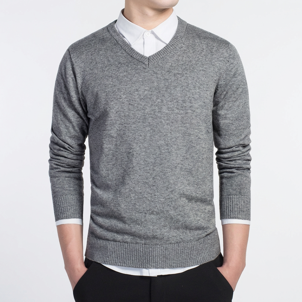 Men's V-Neck Cotton Sweater, Ribbed Knit Pullover for Layering