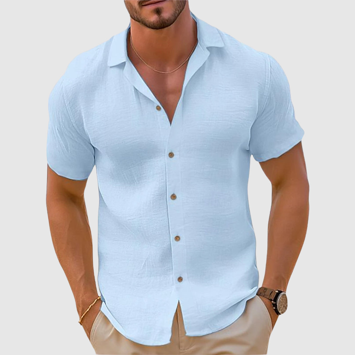 Men's Relaxed Button-Up Shirt with Camp Collar, Short Sleeve Resort Shirt