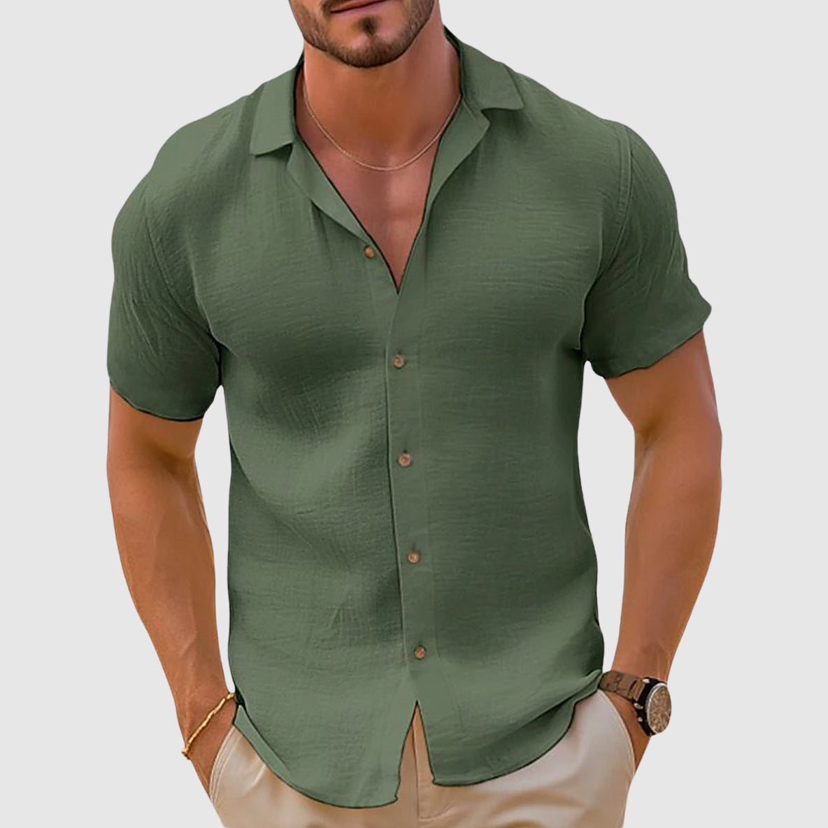 Men's Relaxed Button-Up Shirt with Camp Collar, Short Sleeve Resort Shirt
