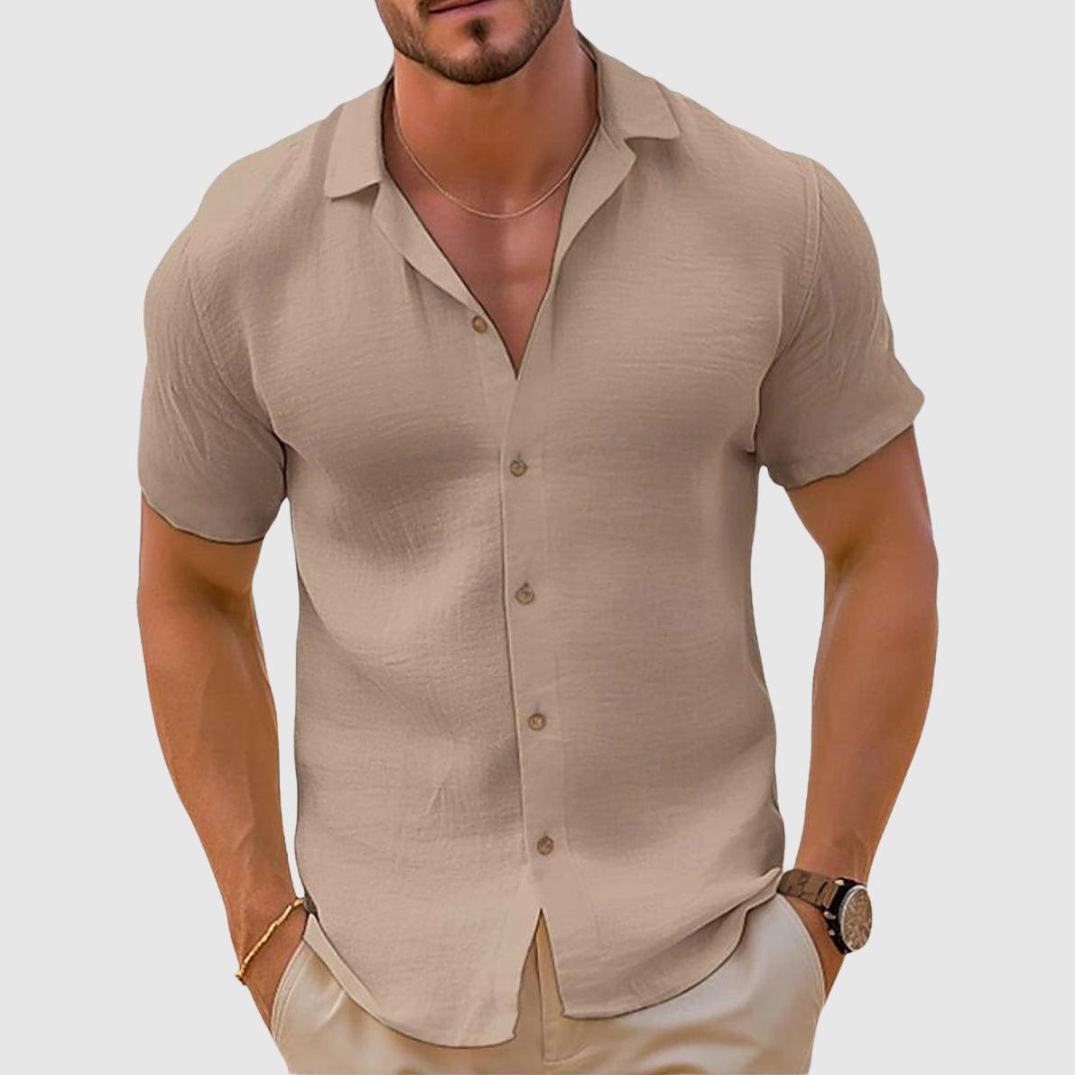 Men's Relaxed Button-Up Shirt with Camp Collar, Short Sleeve Resort Shirt