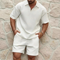 Men's Waffle Knit Polo and Shorts Set, Textured Summer Two-Piece Outfit