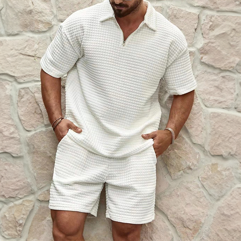 Men's Waffle Knit Polo and Shorts Set, Textured Summer Two-Piece Outfit