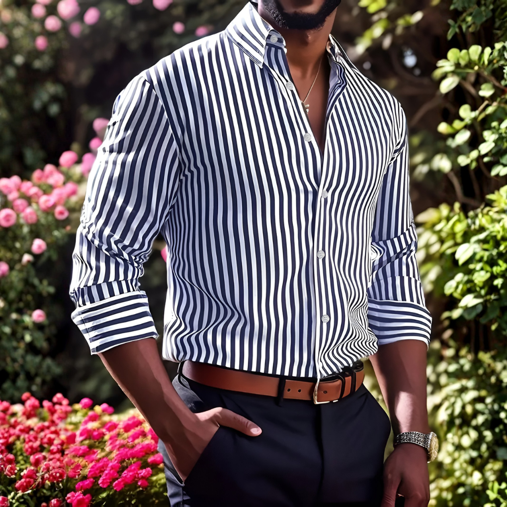 Men's Striped Button-Down Shirt - Long Sleeve, Lightweight Fabric