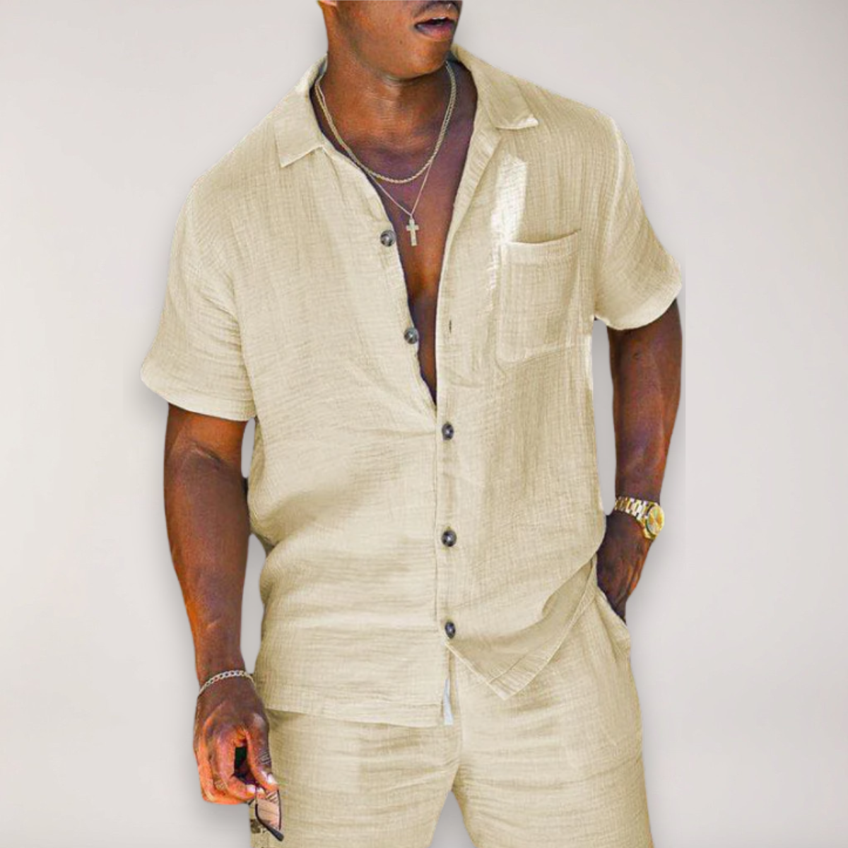 Men's Button-Down Shirt and Shorts Set with Matching Design, Summer Two-Piece Outfit