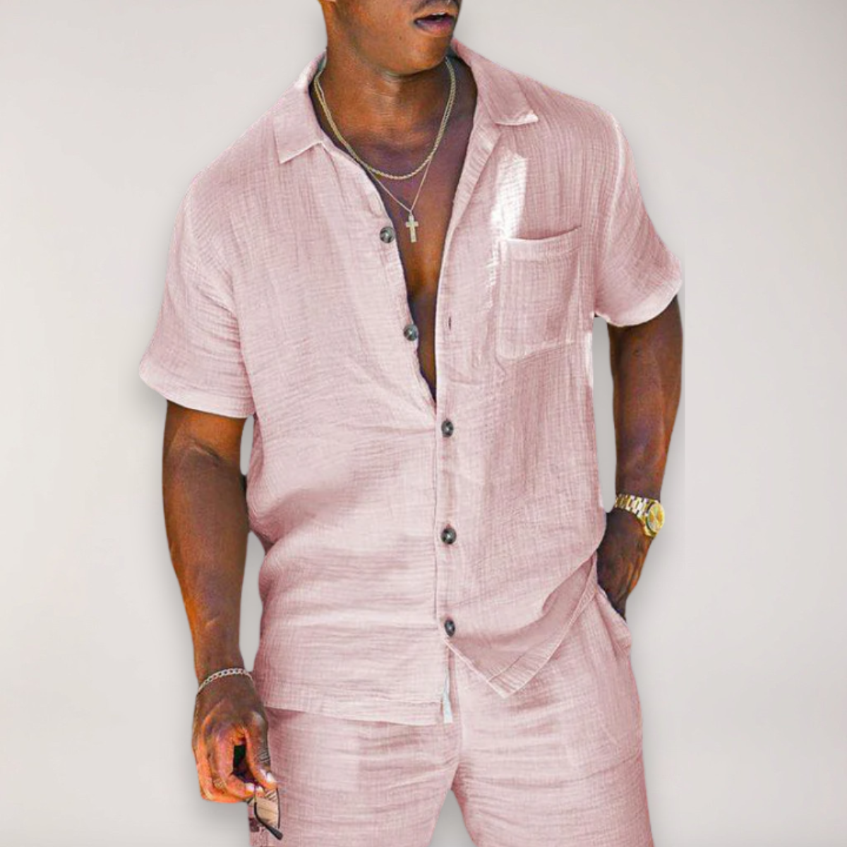 Men's Button-Down Shirt and Shorts Set with Matching Design, Summer Two-Piece Outfit