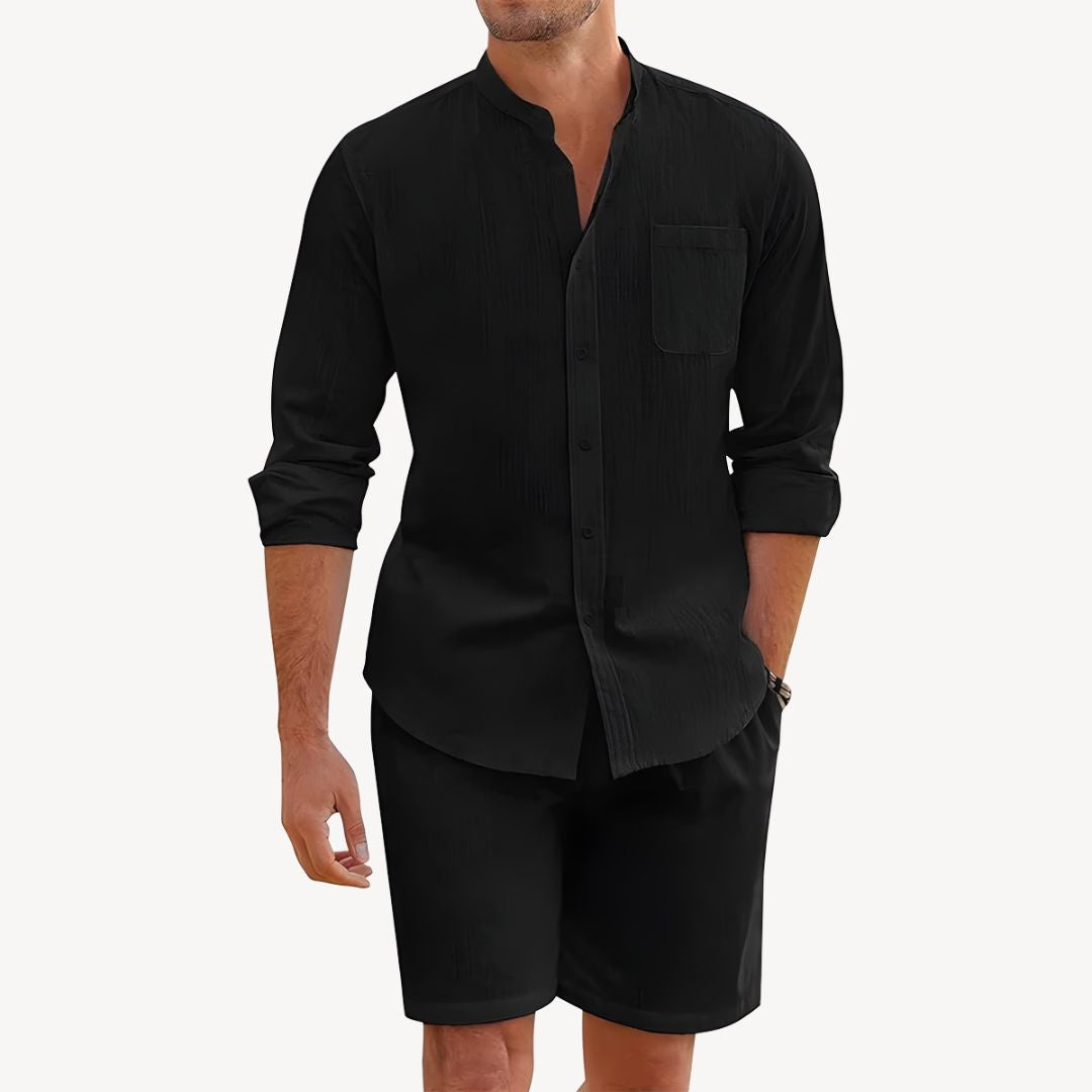 Men's Casual Two-Piece Summer Set with Drawstring Shorts, Band Collar Shirt