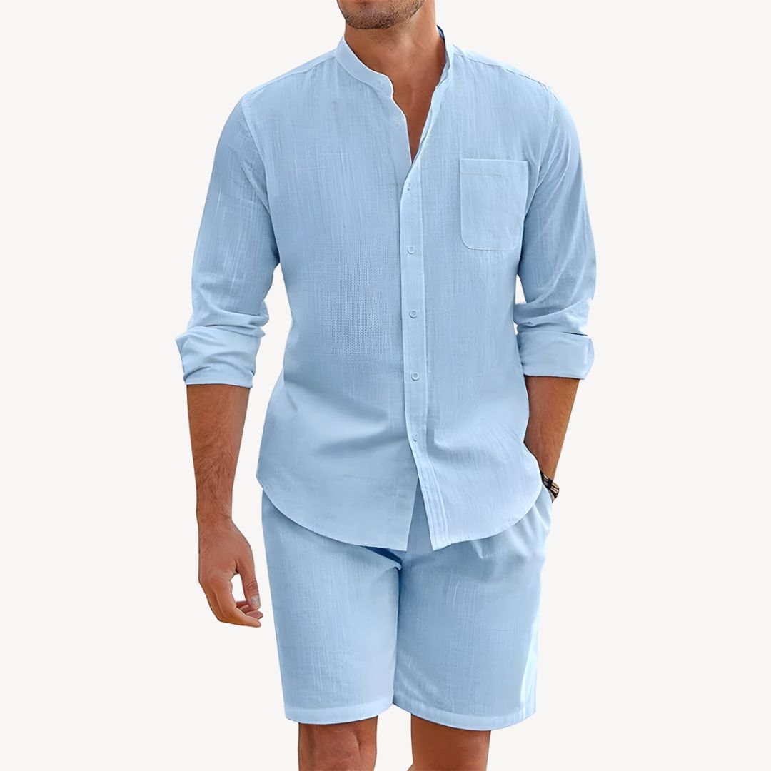Men's Casual Two-Piece Summer Set with Drawstring Shorts, Band Collar Shirt