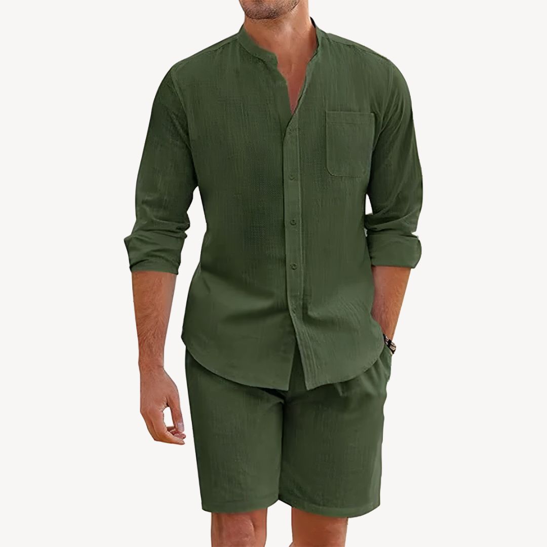 Men's Casual Two-Piece Summer Set with Drawstring Shorts, Band Collar Shirt