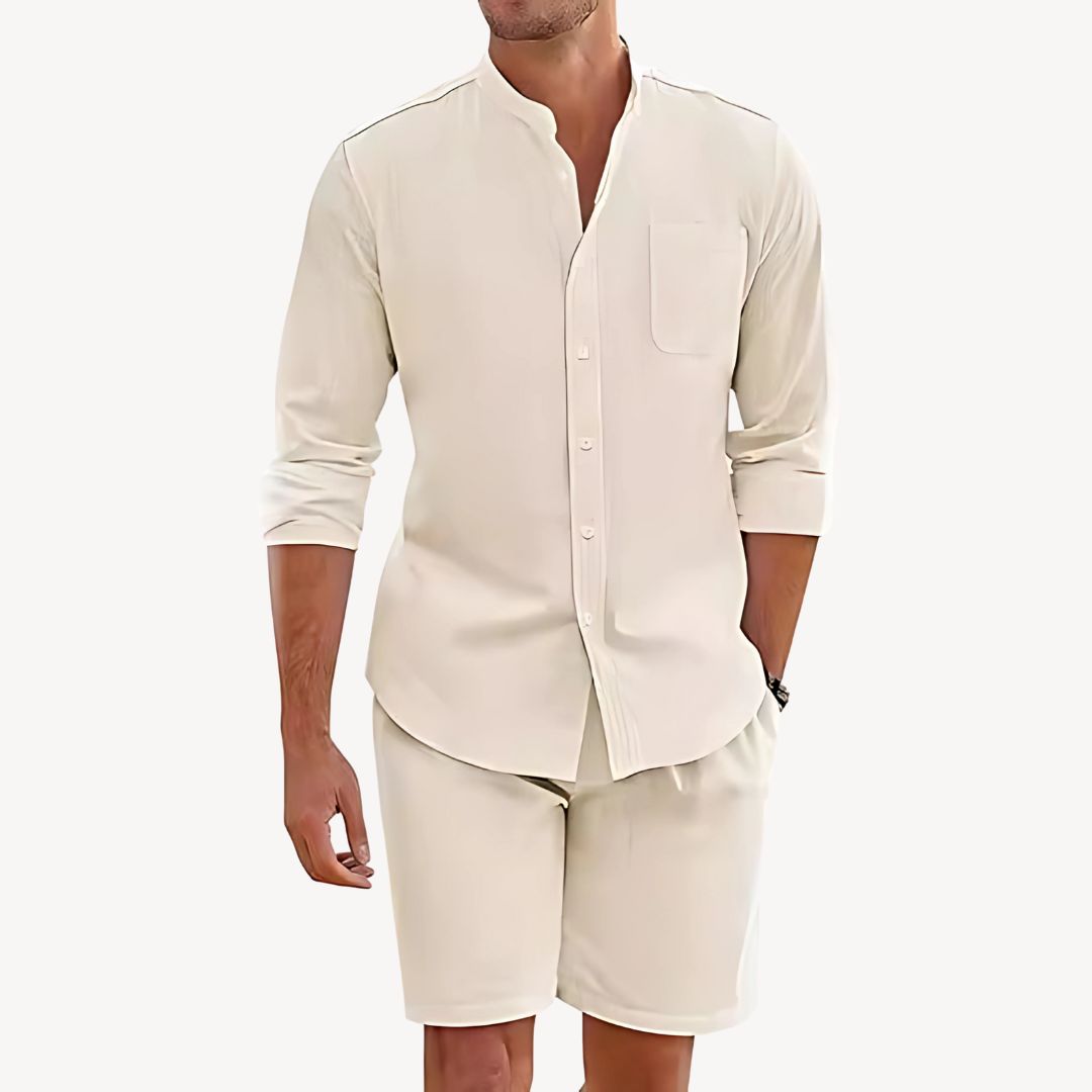 Men's Casual Two-Piece Summer Set with Drawstring Shorts, Band Collar Shirt