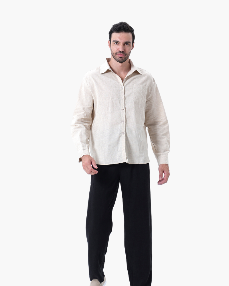 Men's Two-Piece Button-Front Shirt and Drawstring Pants Set, Casual Matching Outfit