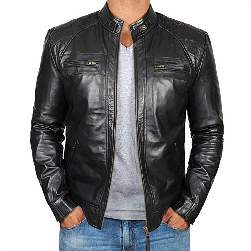 Men's Rugged Motorcycle Jacket with Multiple Zipper Pockets, Durable Riding Jacket
