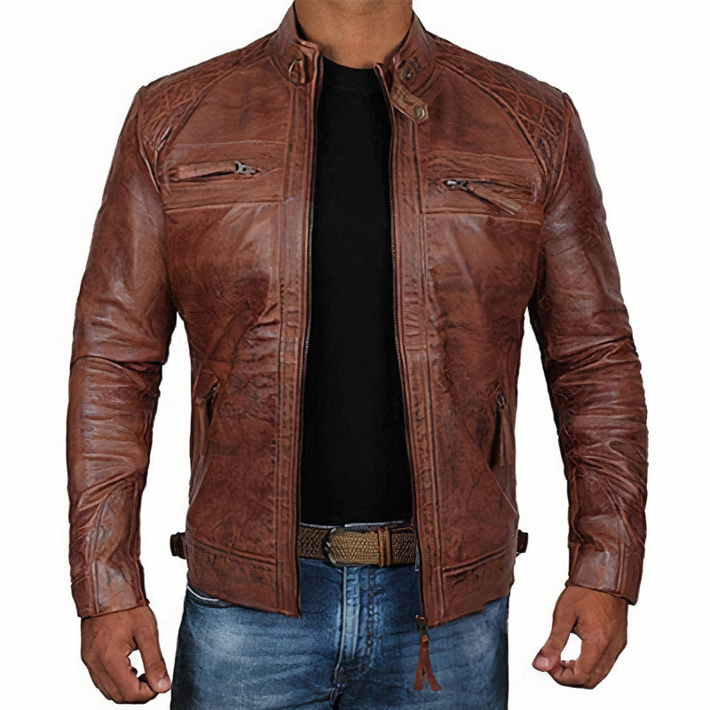 Men's Rugged Motorcycle Jacket with Multiple Zipper Pockets, Durable Riding Jacket