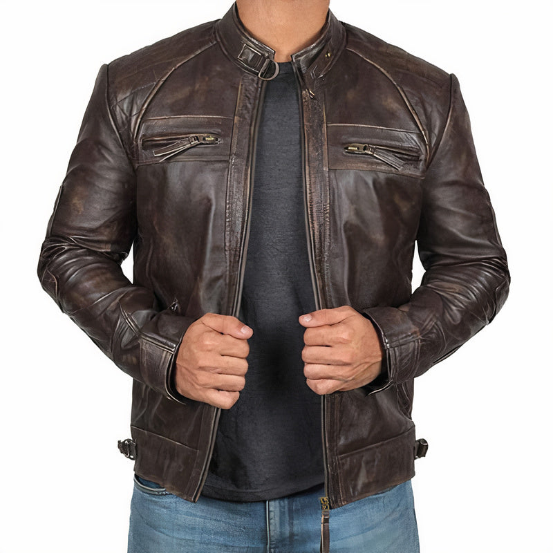 Men's Rugged Motorcycle Jacket with Multiple Zipper Pockets, Durable Riding Jacket