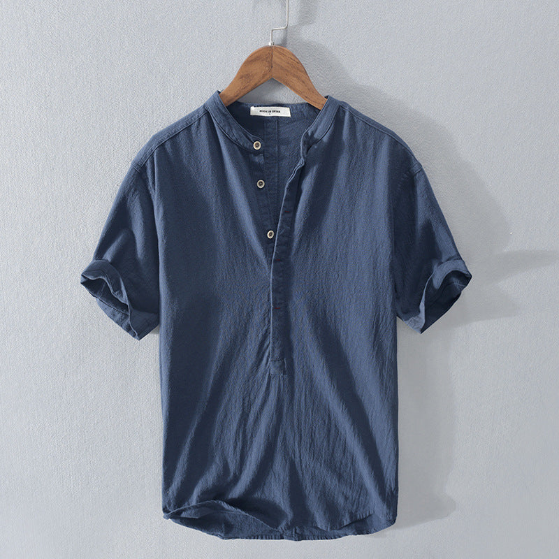 Men's Short Sleeve Linen Shirt, Stand-Up Collar Summer Top