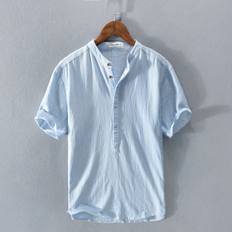 Men's Short Sleeve Linen Shirt, Stand-Up Collar Summer Top