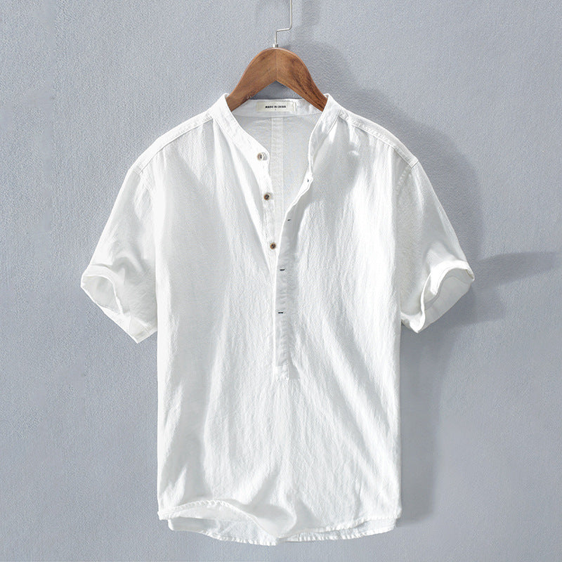 Men's Short Sleeve Linen Shirt, Stand-Up Collar Summer Top