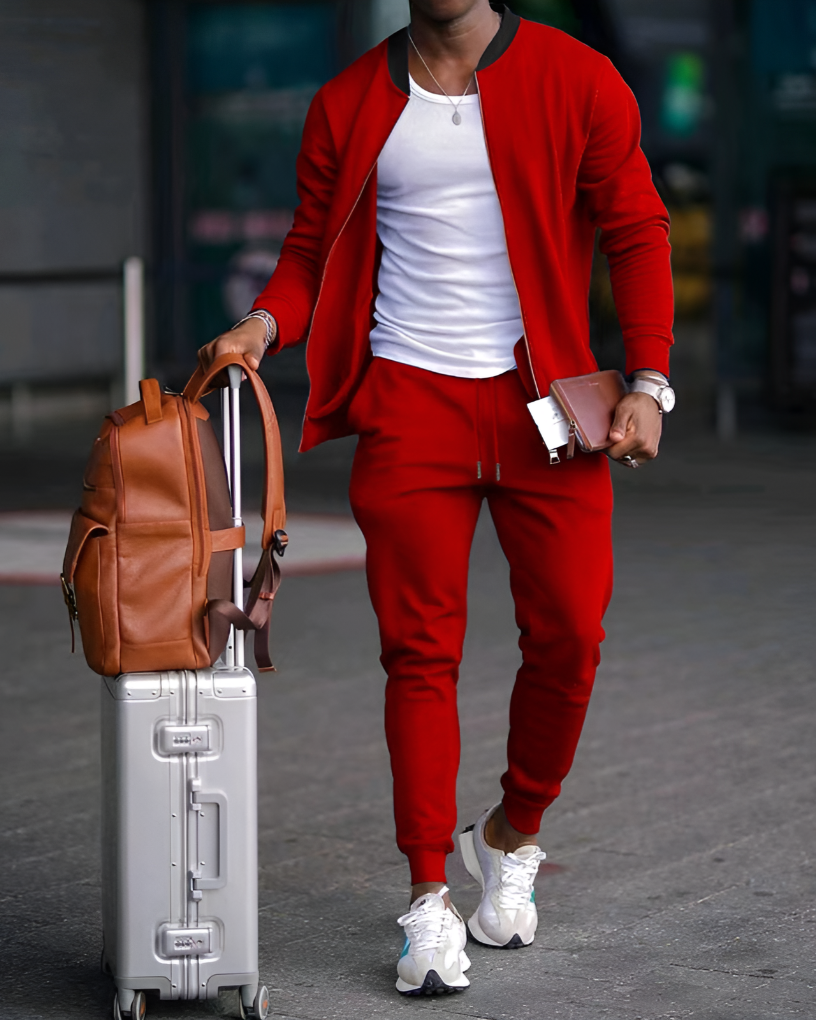 Men's Zip-Up Jacket and Pants Set, Athleisure Track Set