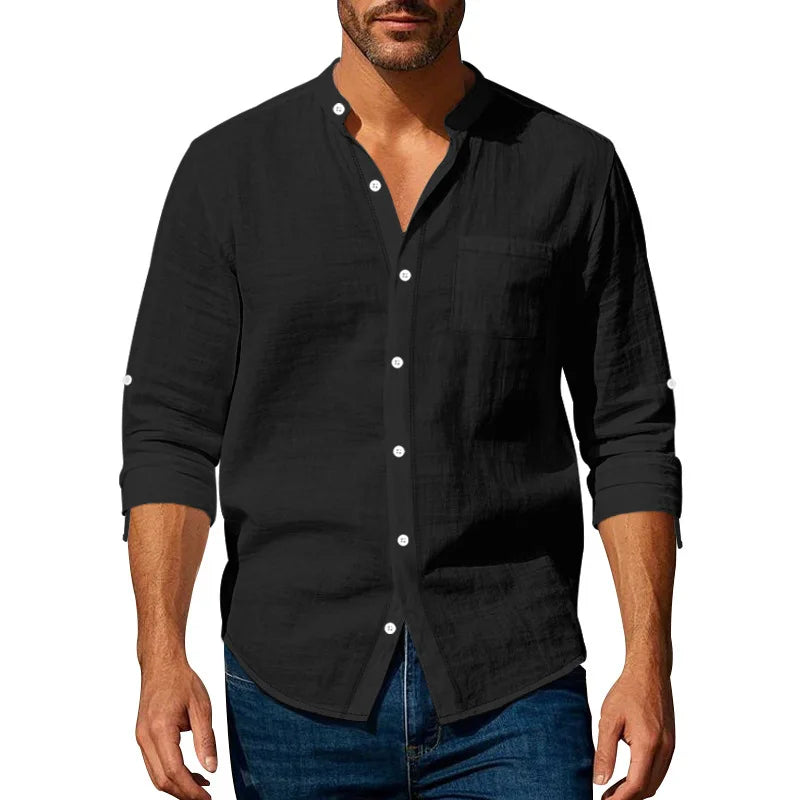 Men's Linen Long Sleeve Shirt with Stand Collar, Lightweight Casual Fit