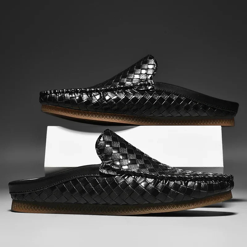 Men's Handwoven Mule Loafers with Cushioned Insole, Slip-On Casual Shoes