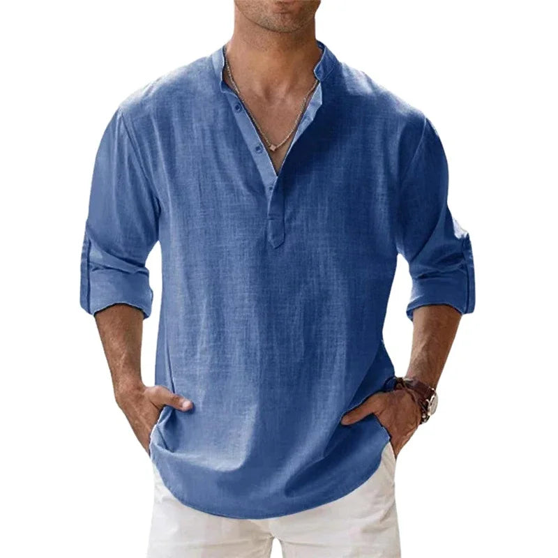 Men's Long Sleeve Henley Shirt - Relaxed Fit Button Neckline Tee