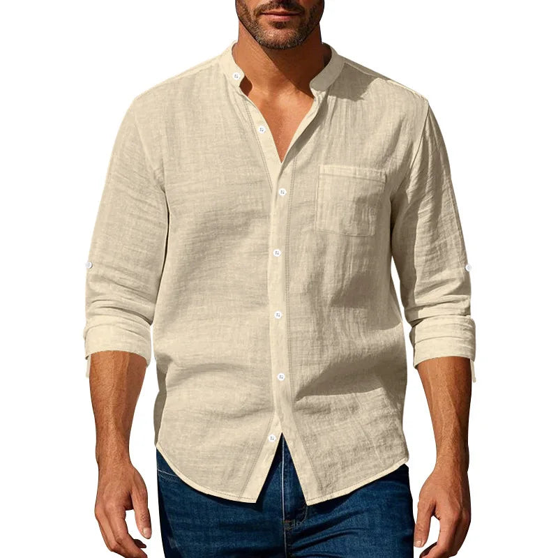 Men's Linen Long Sleeve Shirt with Stand Collar, Lightweight Casual Fit