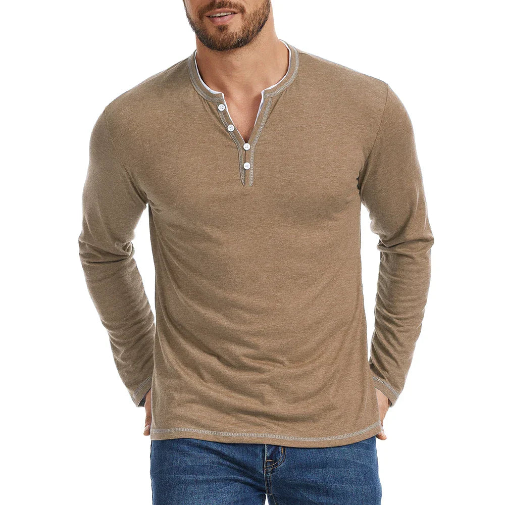 Men's Long Sleeve Cotton Henley Shirt - V-Neck Button Placket Tee