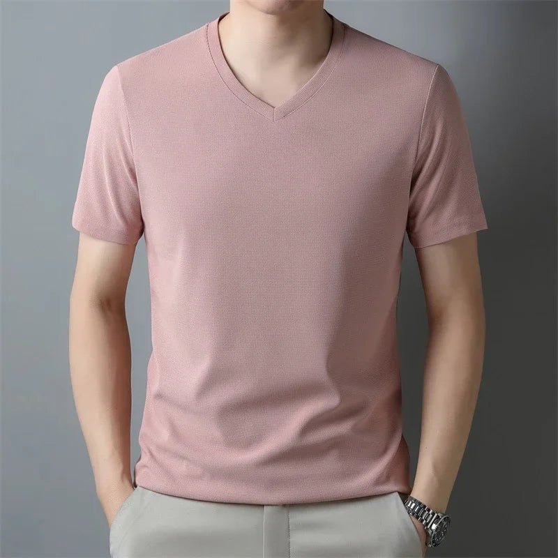 Men's Waffle Knit V-Neck T-Shirt, Breathable Short Sleeve Casual Tee