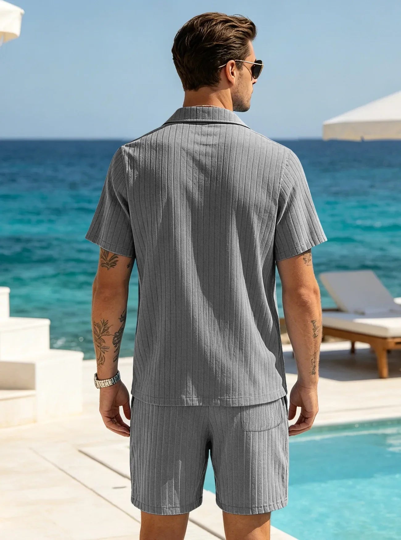 Men's Two Piece Shorts Set - Short Sleeve Shirt & Drawstring Shorts
