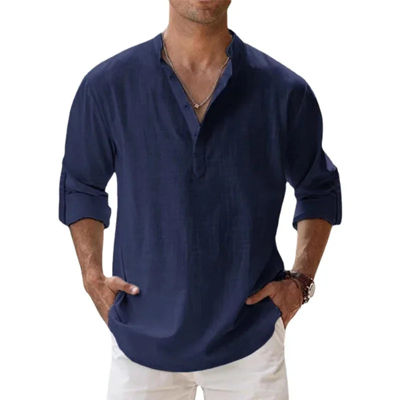 Men's Long Sleeve Henley Shirt - Relaxed Fit Button Neckline Tee