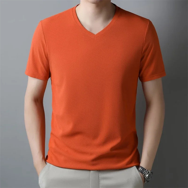 Men's Waffle Knit V-Neck T-Shirt, Breathable Short Sleeve Casual Tee