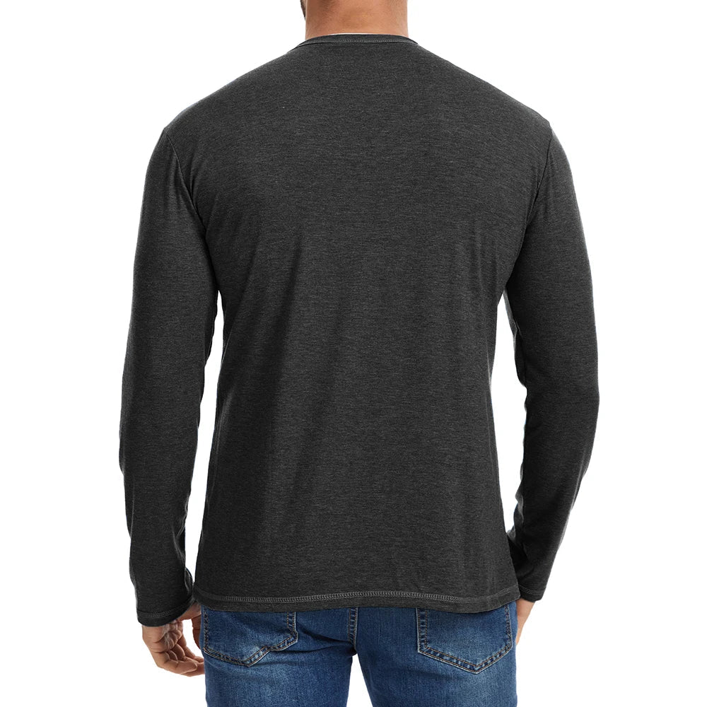 Men's Long Sleeve Cotton Henley Shirt - V-Neck Button Placket Tee