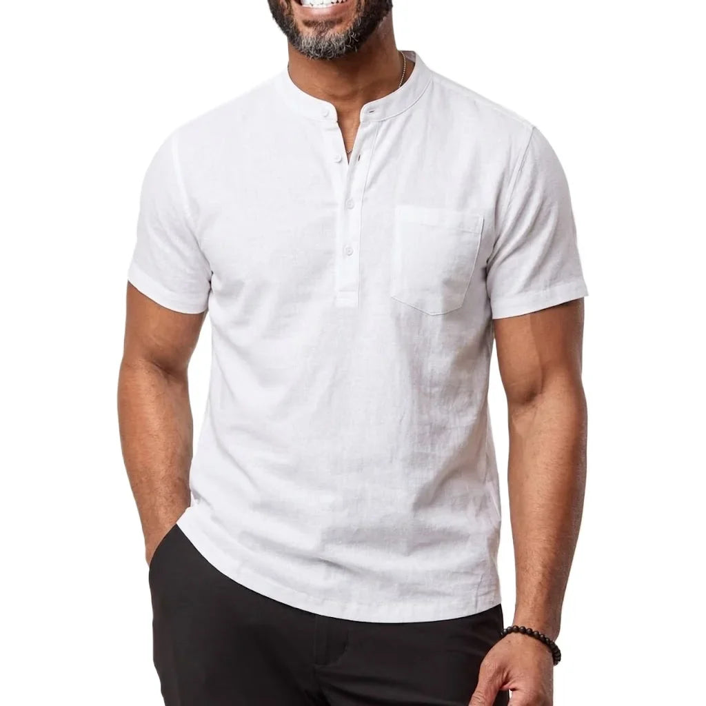 Men's Linen Henley Tee - Breathable Short Sleeve Casual Shirt