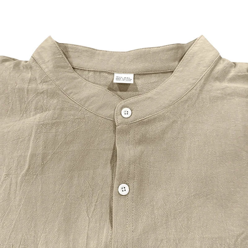 Men's Linen Long Sleeve Shirt with Stand Collar, Lightweight Casual Fit