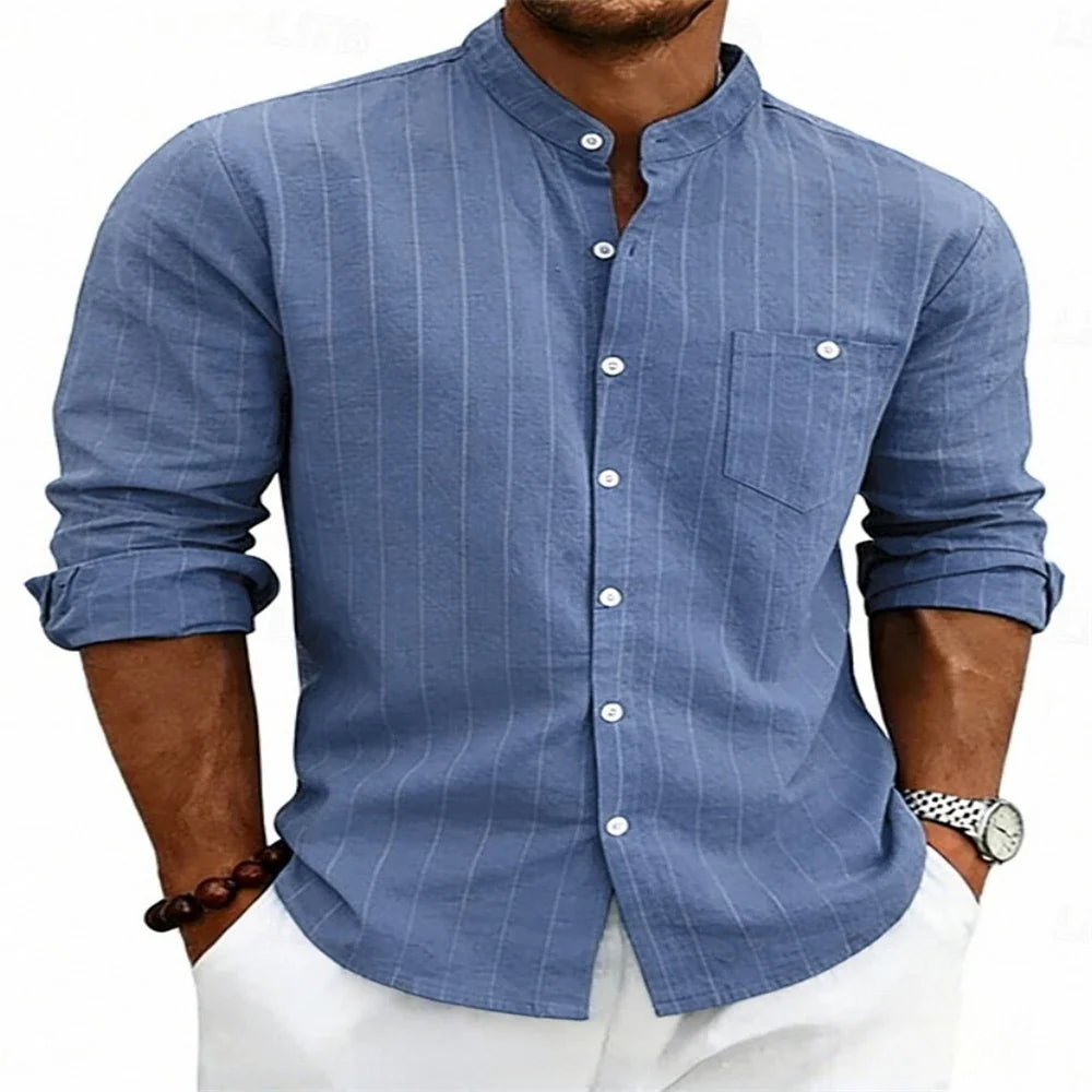 Men's Striped Linen Shirt with Band Collar and Chest Pocket, Breathable Fit