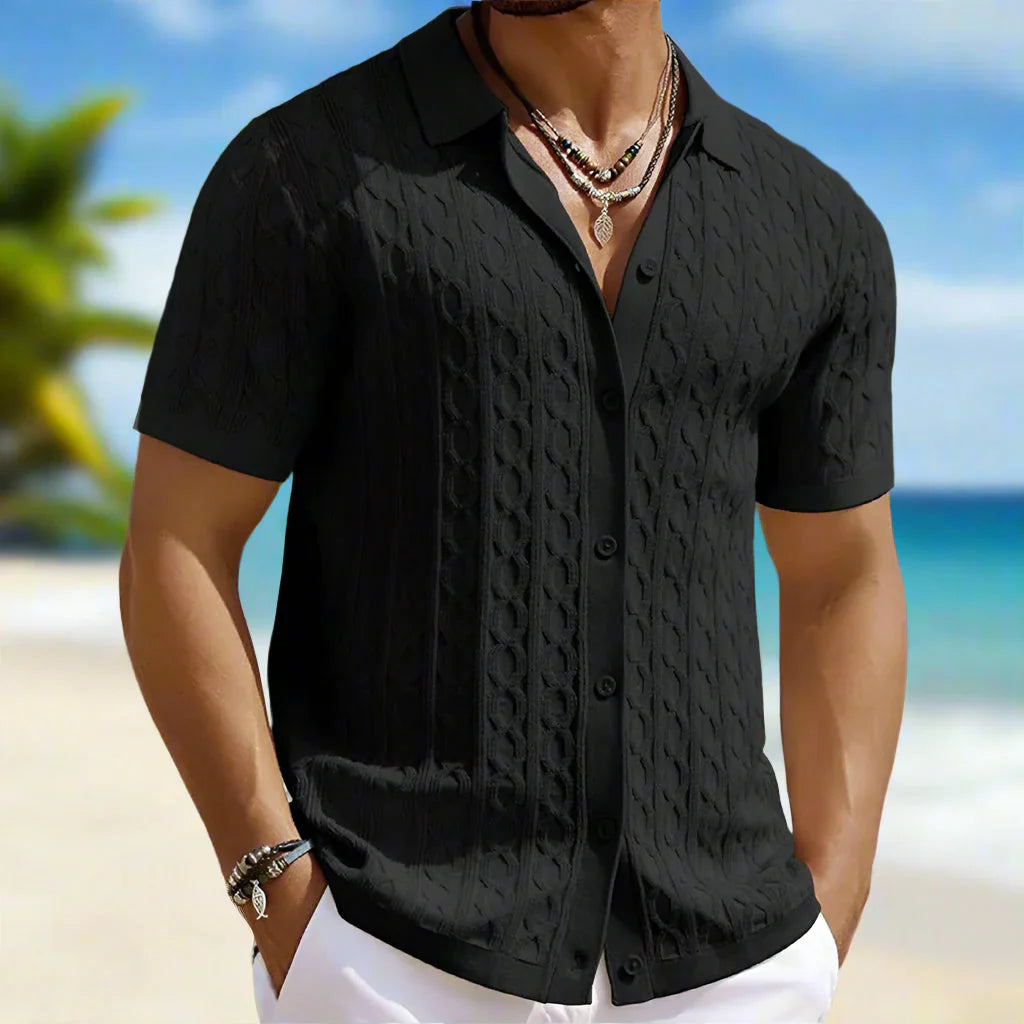 Men's Textured Knit Shirt with Cable Detail, Breathable Stretch Fit