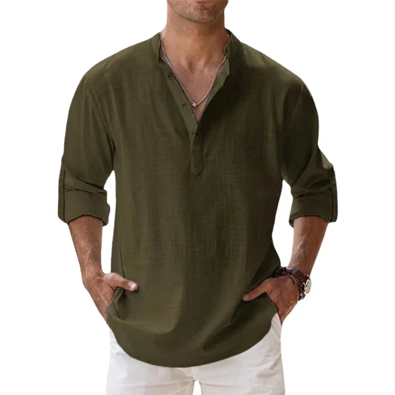 Men's Long Sleeve Henley Shirt - Relaxed Fit Button Neckline Tee