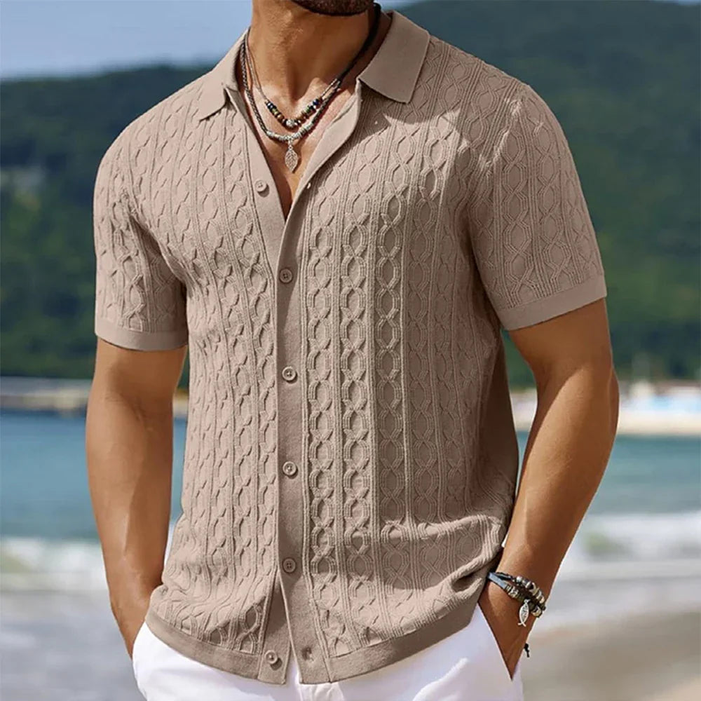 Men's Textured Knit Shirt with Cable Detail, Breathable Stretch Fit
