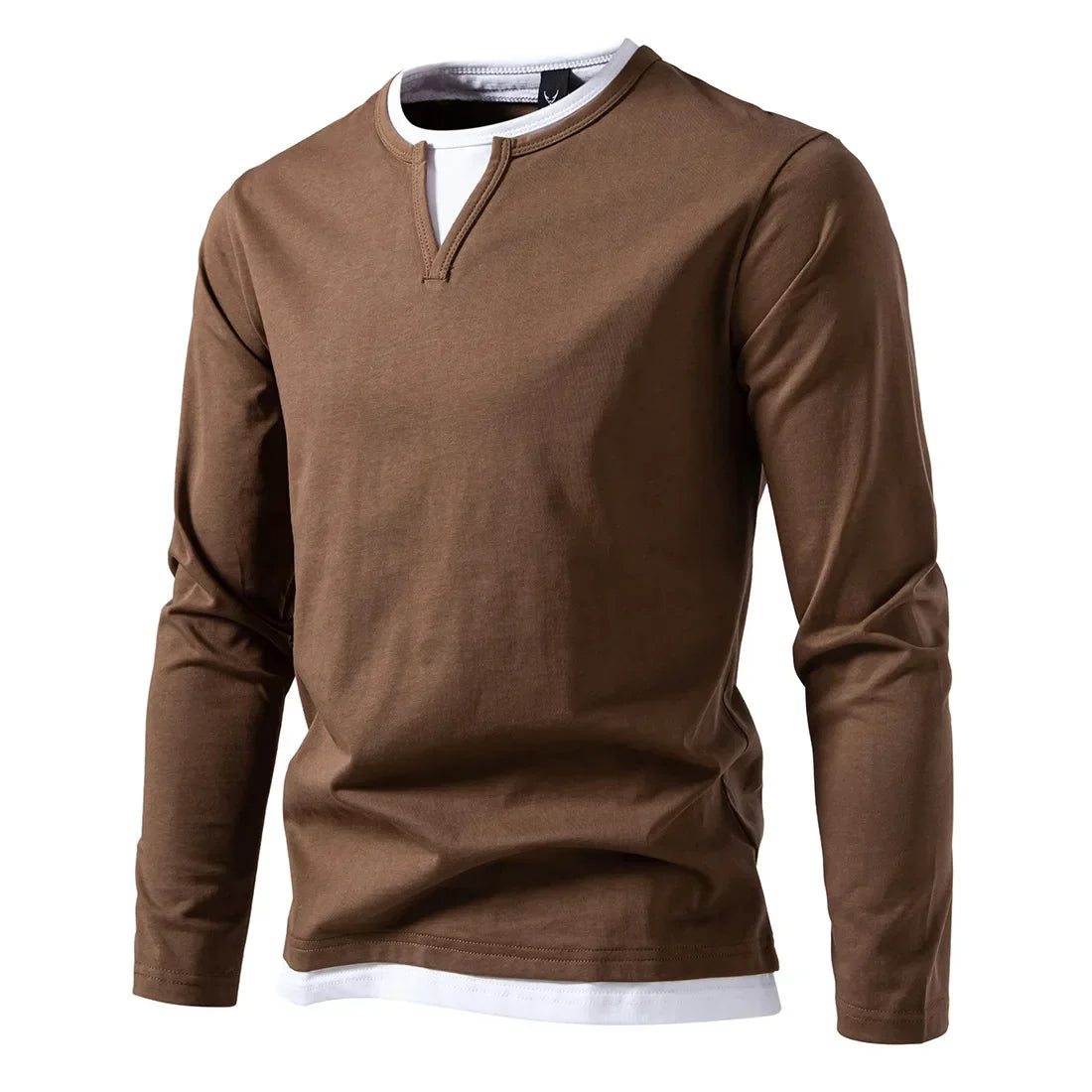 Men's Long Sleeve Herringbone Cotton T-Shirt with O-Neck Notch Detail